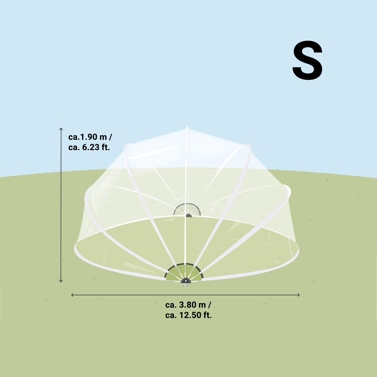 Measurement chart of a SunnyTent S with dimensions on a green and blue gradient background